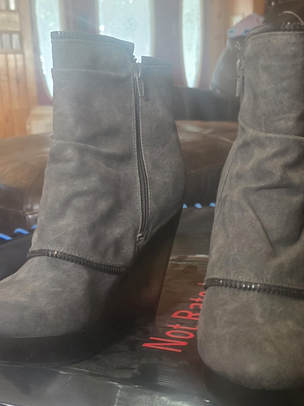 Not Rated Gray Suede Buckle Wedge Ankle Boots - Picture 8 of 12